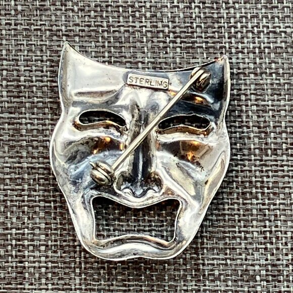 Tragedy Mask Brooch Pin 1.5 In Sterling Silver Theater Drama Thespian Actor Act